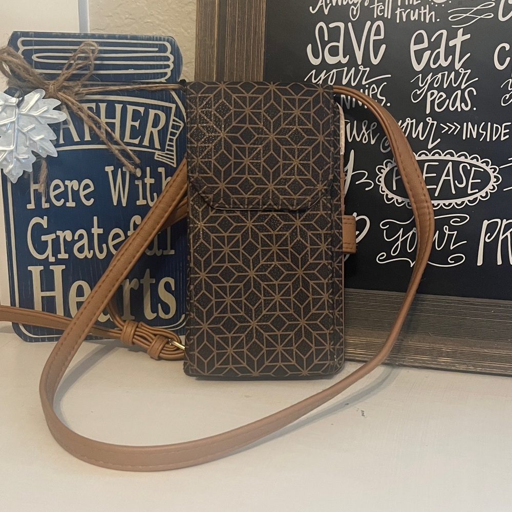 Geometric Brown Crossbody wallet and phone/cig case